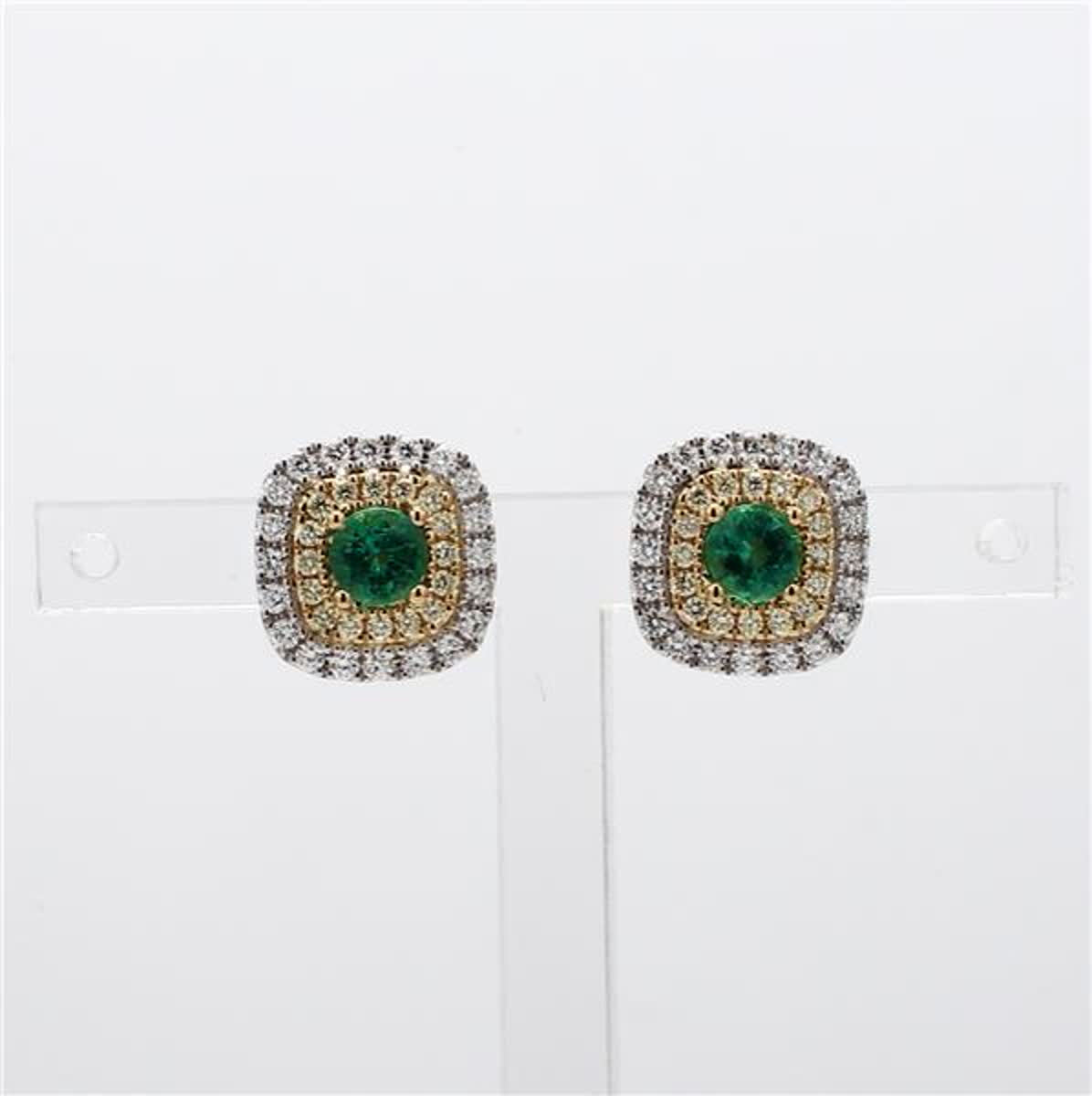 Natural Round Emerald and White Diamond .91 Carat TW Gold Stud Earrings