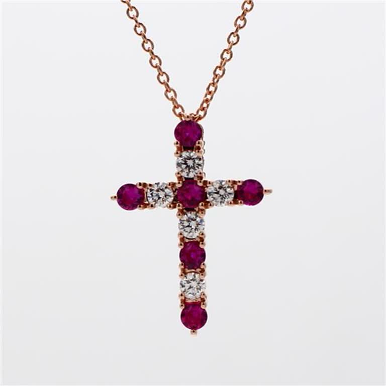 Natural Round Red Ruby and White Diamond .83 Carat TW Rose Gold Cross Pendant