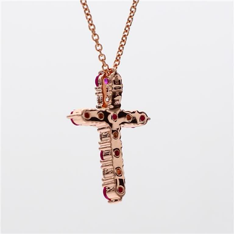 Natural Round Red Ruby and White Diamond .83 Carat TW Rose Gold Cross Pendant