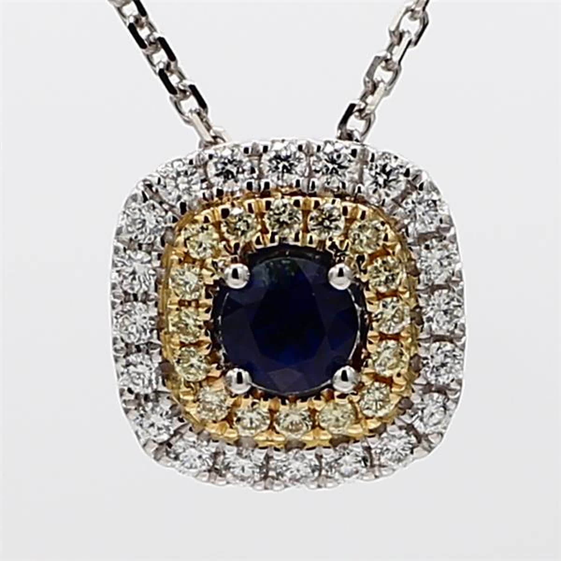 Natural Blue Round Sapphire and Diamond .60 Carat TW Gold Drop Pendant