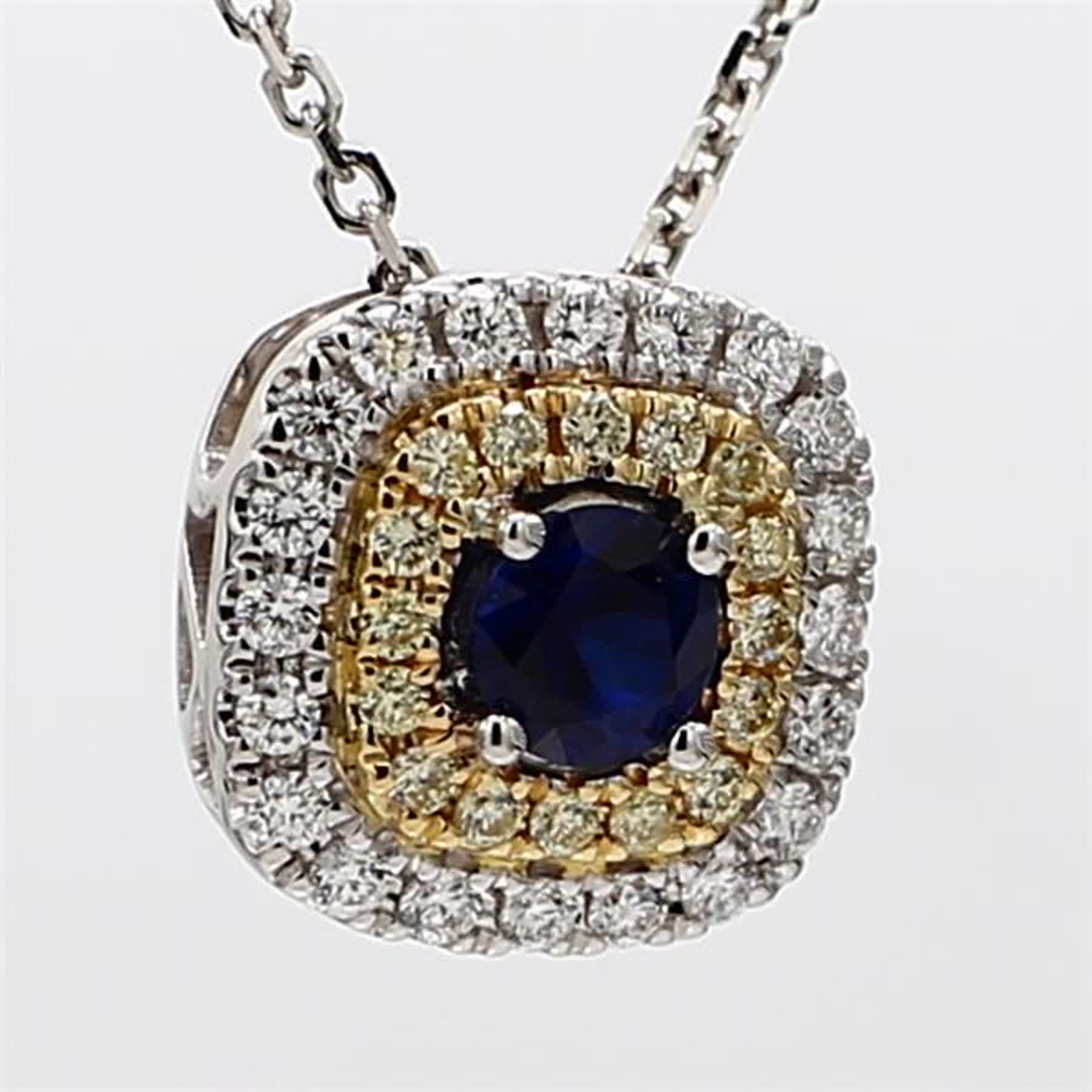 Natural Blue Round Sapphire and Diamond .60 Carat TW Gold Drop Pendant