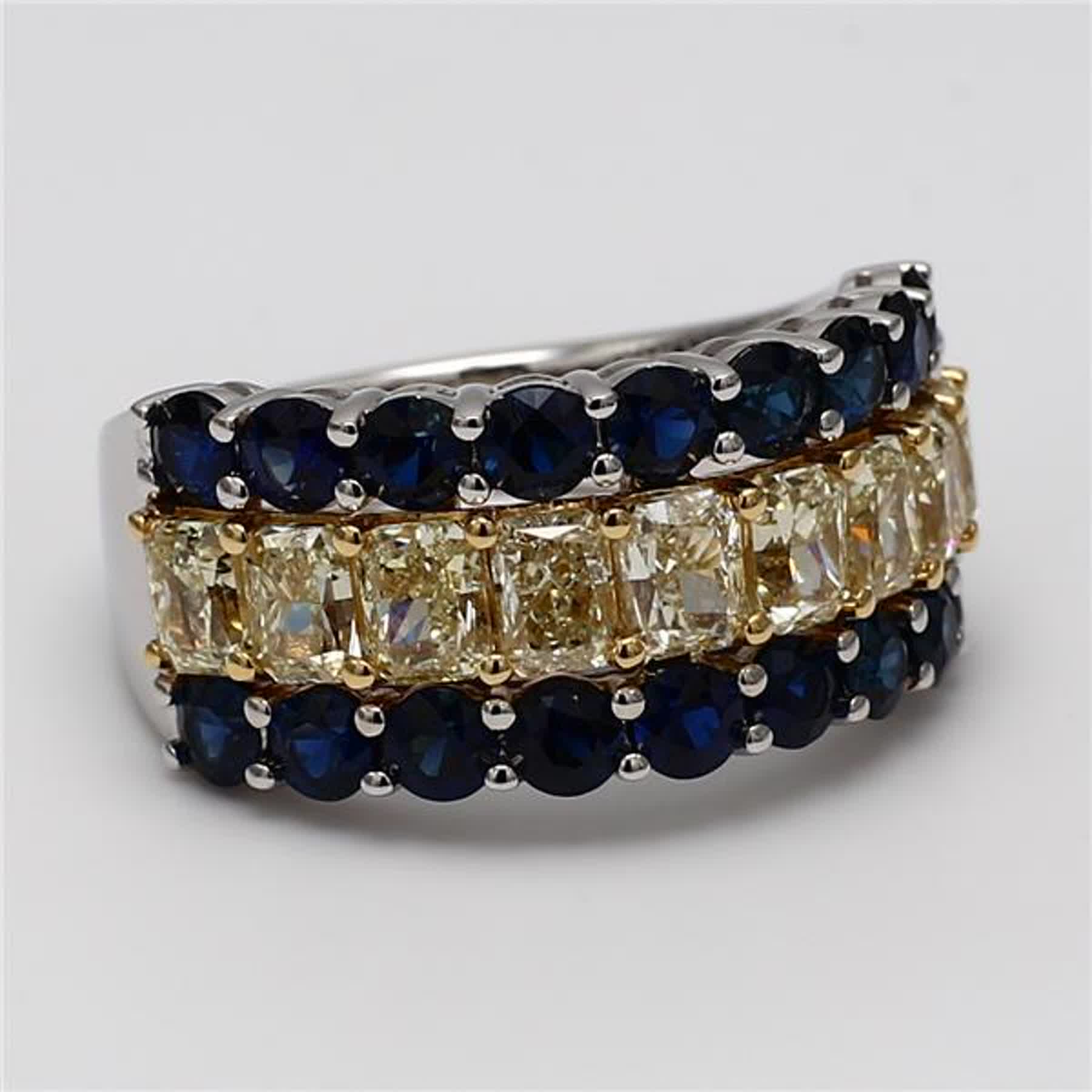 Natural Yellow Radiant Diamond and Blue Round Sapphire 5.16 Carat TW Gold Band
