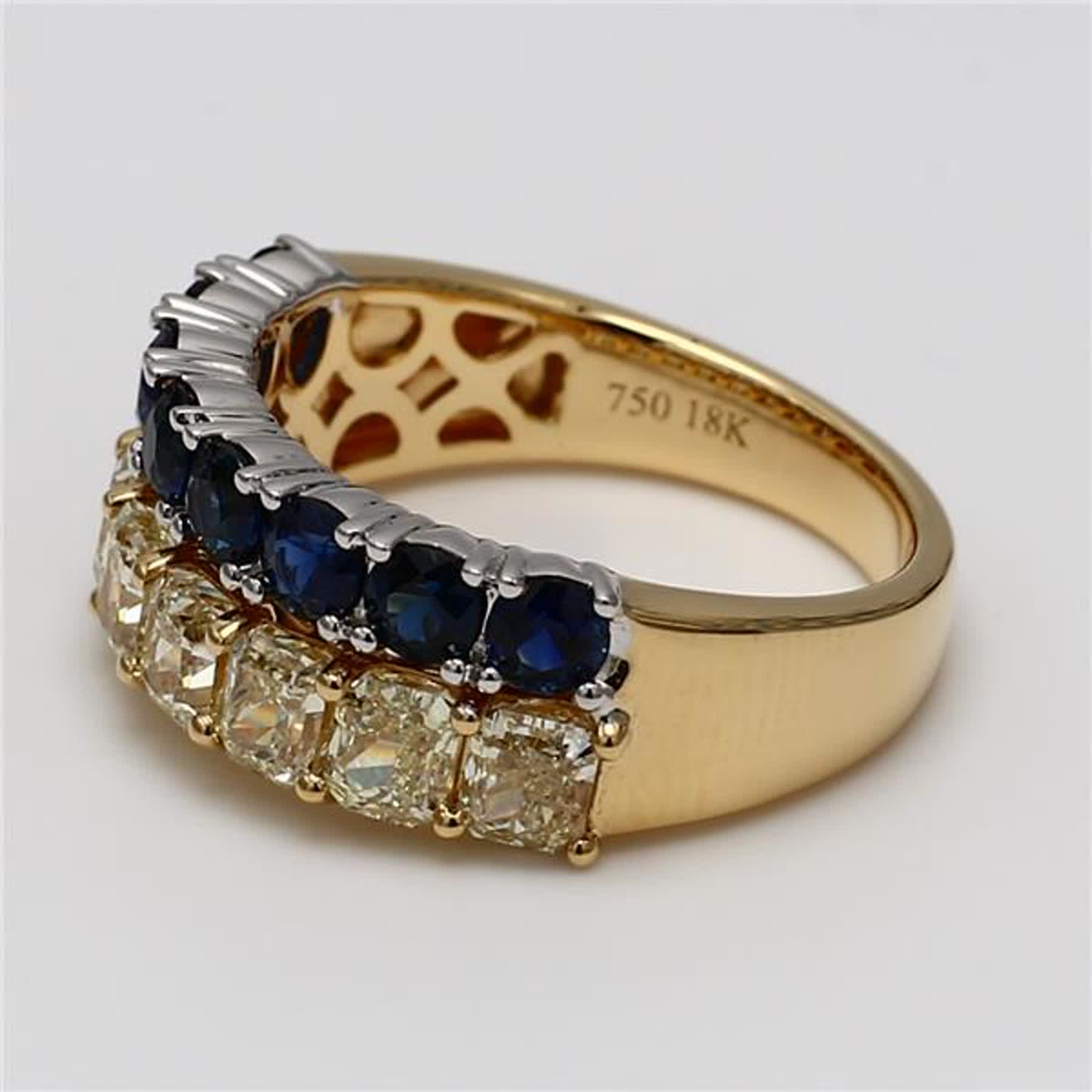 Natural Yellow Radiant Diamond and Blue Round Sapphire 3.64 Carat TW Gold Band