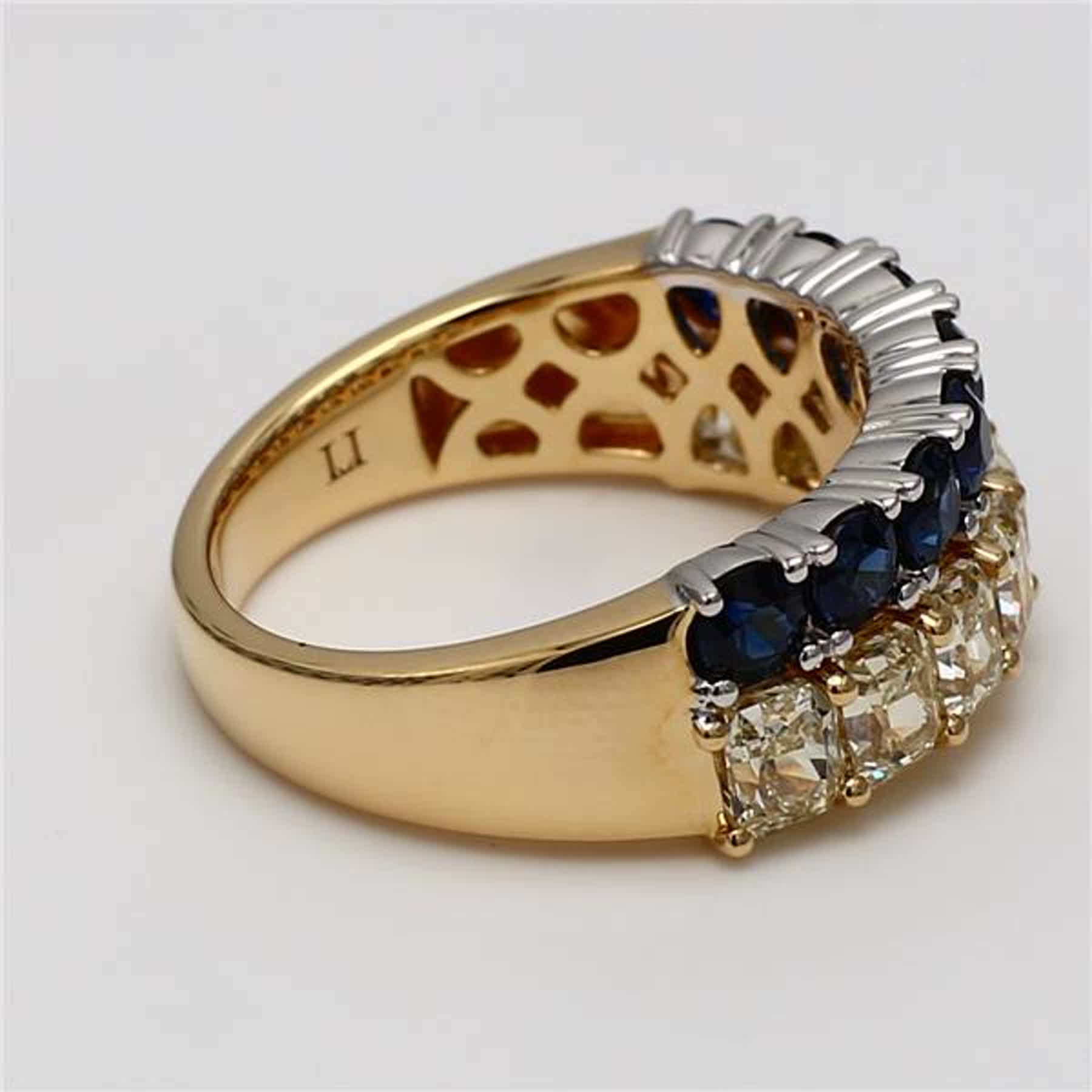 Natural Yellow Radiant Diamond and Blue Round Sapphire 3.64 Carat TW Gold Band
