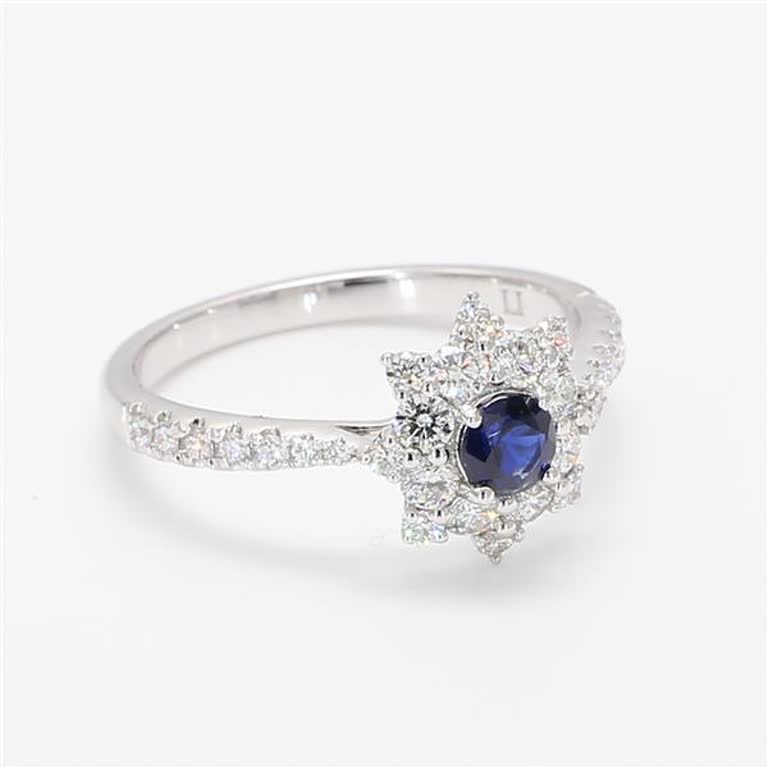 Natural Blue Round Sapphire and White Diamond .90 Carat TW Gold Cocktail Ring