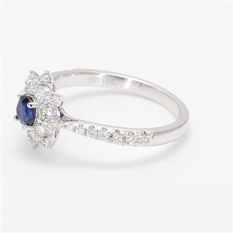 Natural Blue Round Sapphire and White Diamond .90 Carat TW Gold Cocktail Ring