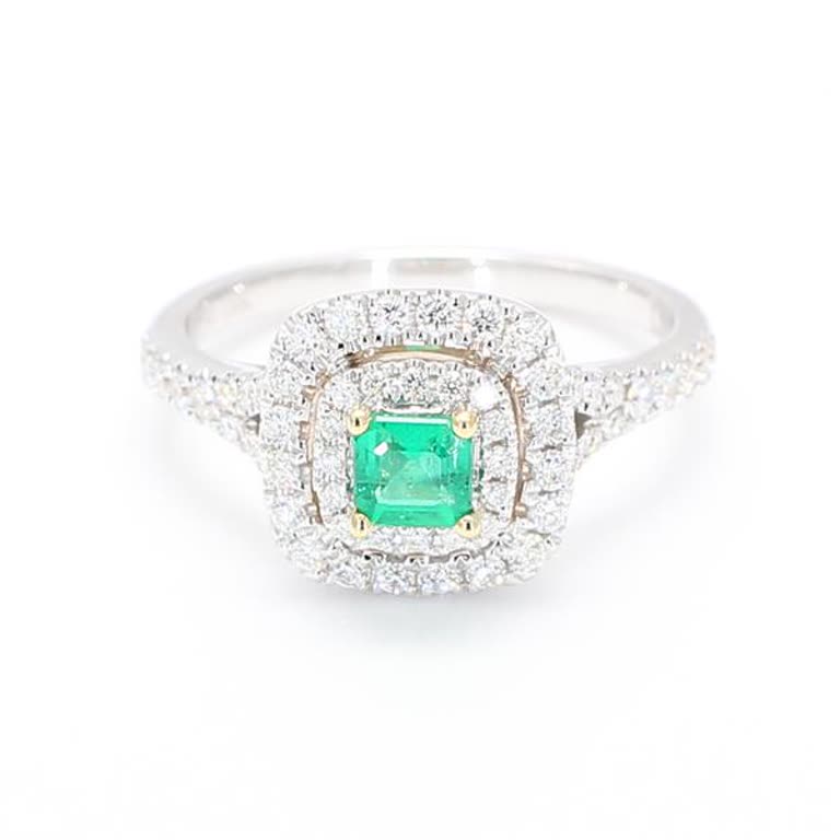 Natural Emerald Cut Emerald and White Diamond .74 Carat TW Gold Cocktail Ring