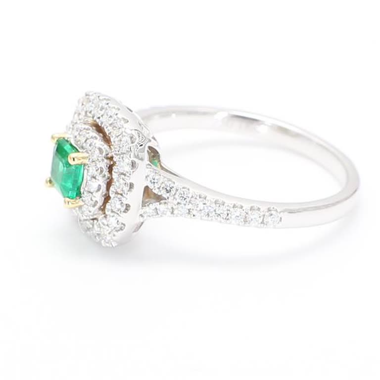 Natural Emerald Cut Emerald and White Diamond .74 Carat TW Gold Cocktail Ring