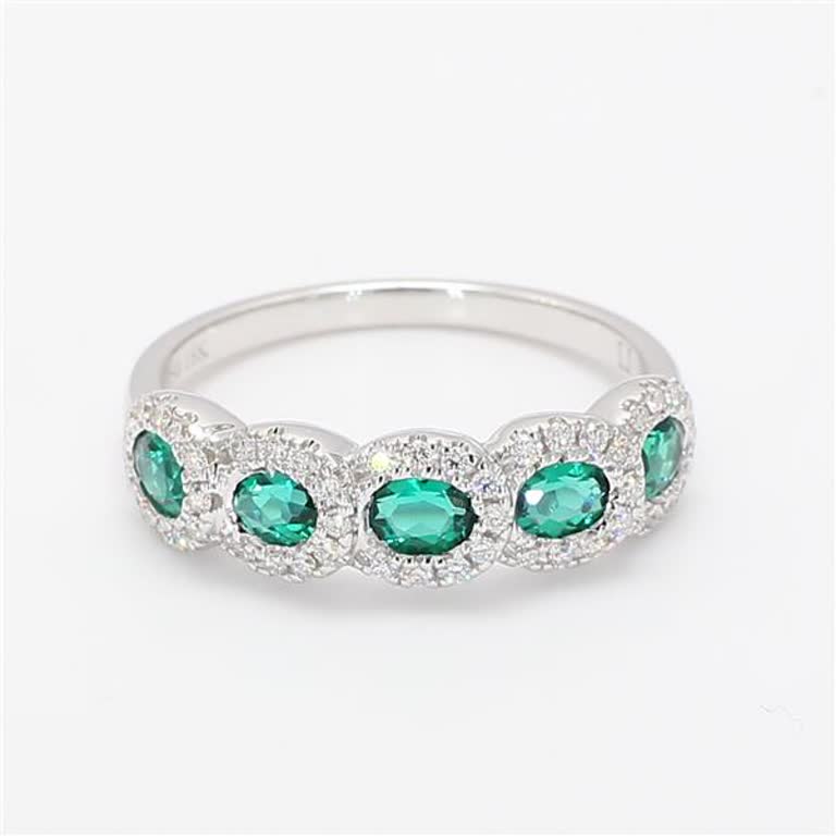 Natural Oval Emerald and White Diamond White Gold 1.00 Carat TW Wedding Band