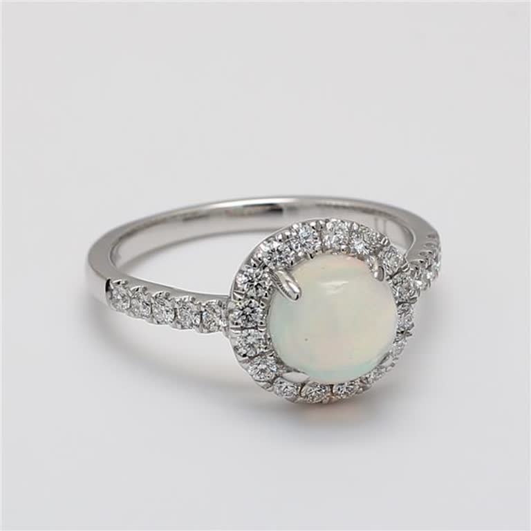 Natural Round Opal and White Diamond 1.60 Carat TW White Gold Cocktail Ring