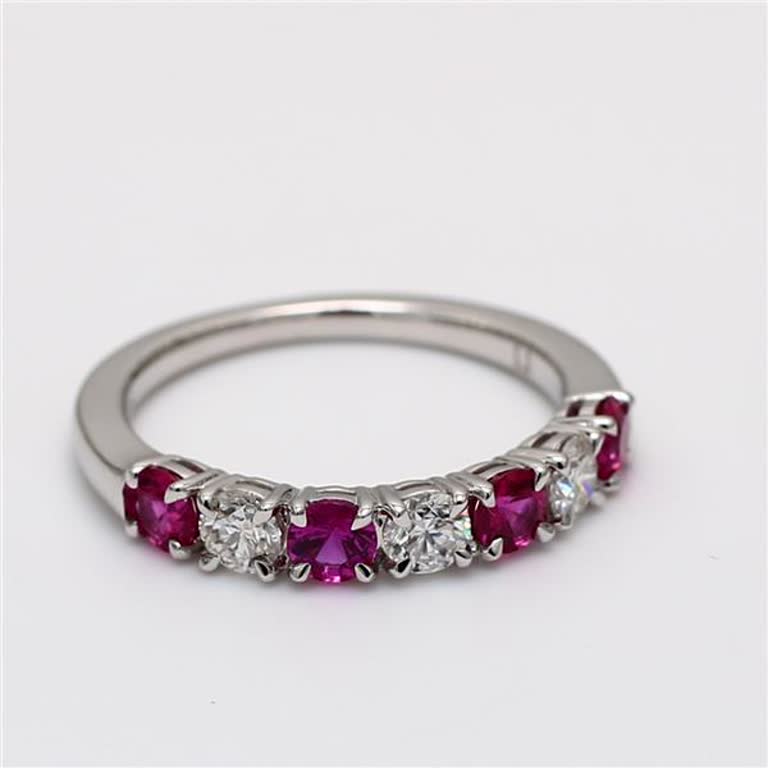 Natural Red Round Ruby and White Diamond 1.28 Carat TW White Gold Wedding Band