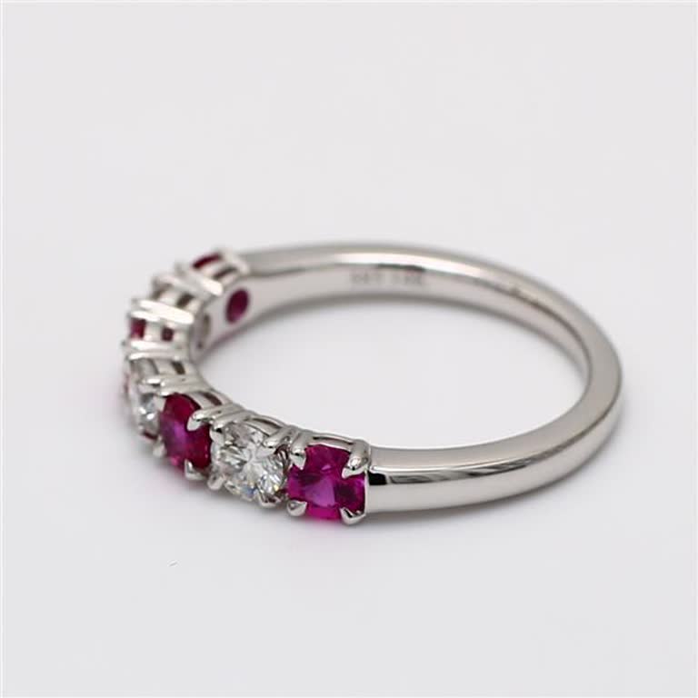 Natural Red Round Ruby and White Diamond 1.28 Carat TW White Gold Wedding Band