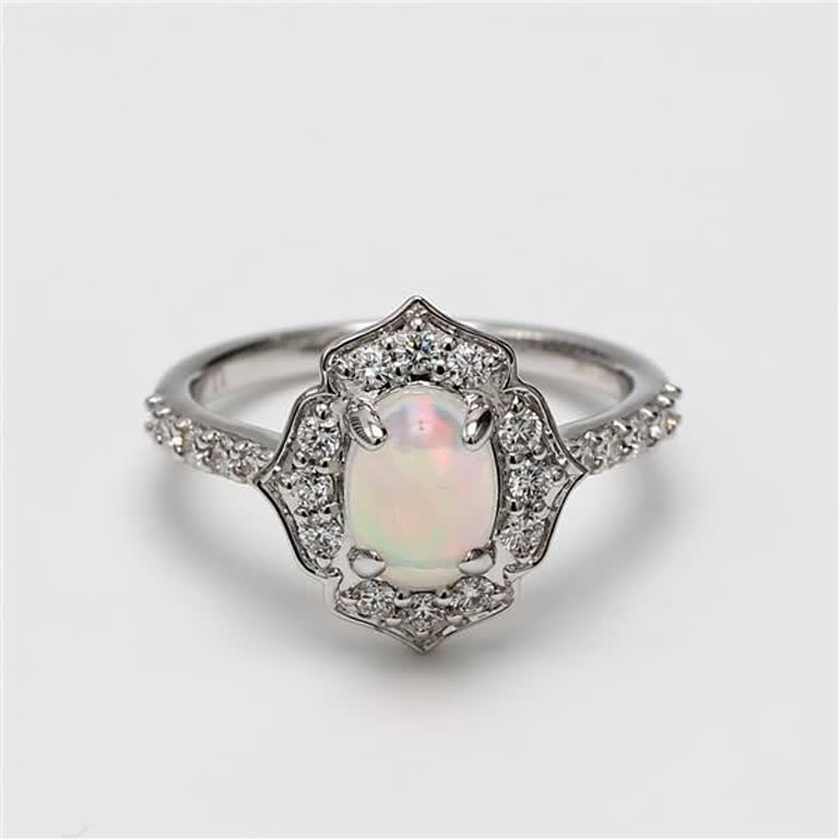 Natural Oval Opal and White Diamond 1.31 Carat TW White Gold Cocktail Ring