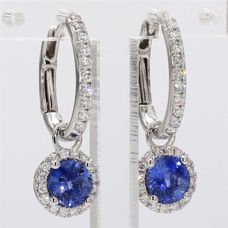 Natural Blue Round Sapphire and White Diamond 1.83 Carat TW Gold Drop Earrings