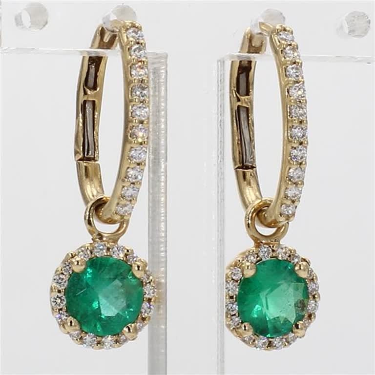 Natural Round Emerald and White Diamond 1.35 Carat TW Yellow Gold Drop Earrings