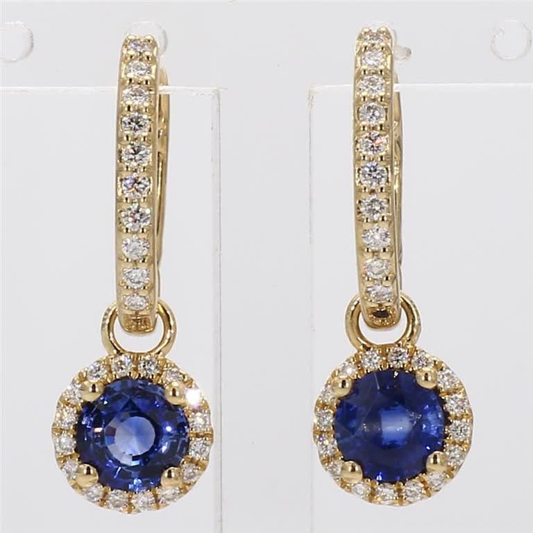 Natural Blue Round Sapphire and White Diamond 1.94 Carat TW Gold Drop Earrings