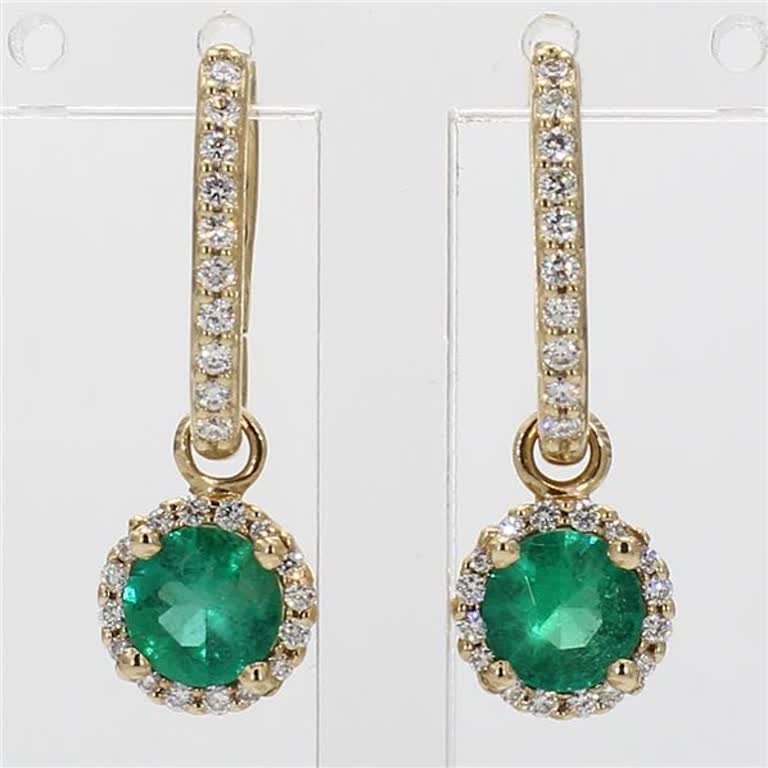 Natural Round Emerald and White Diamond 1.35 Carat TW Yellow Gold Drop Earrings