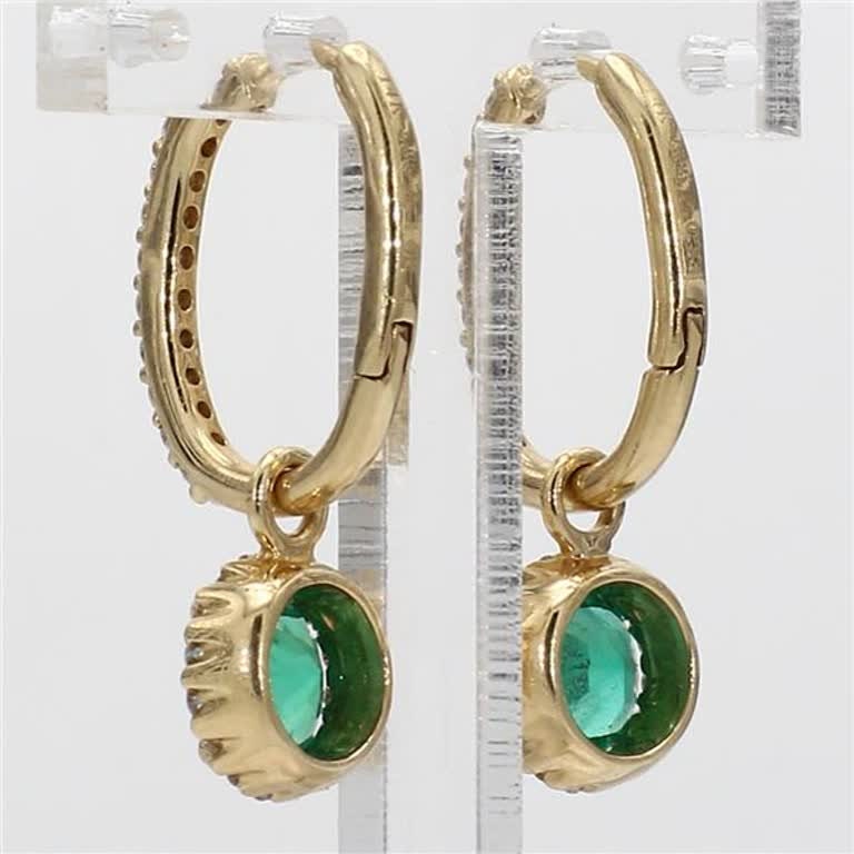 Natural Round Emerald and White Diamond 1.35 Carat TW Yellow Gold Drop Earrings